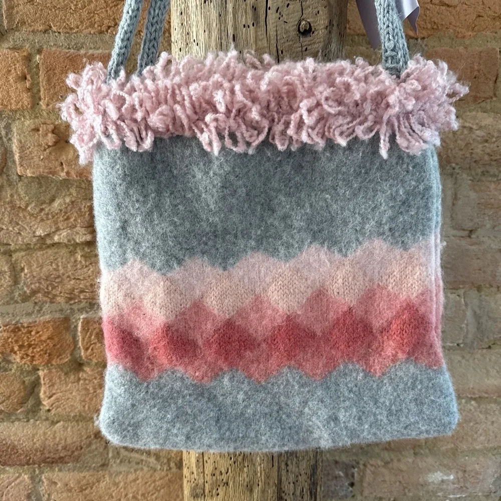 Upcycled Pink Grey Sweater‎ Bag Market Tote Double Handle Hobo OOAK Lined